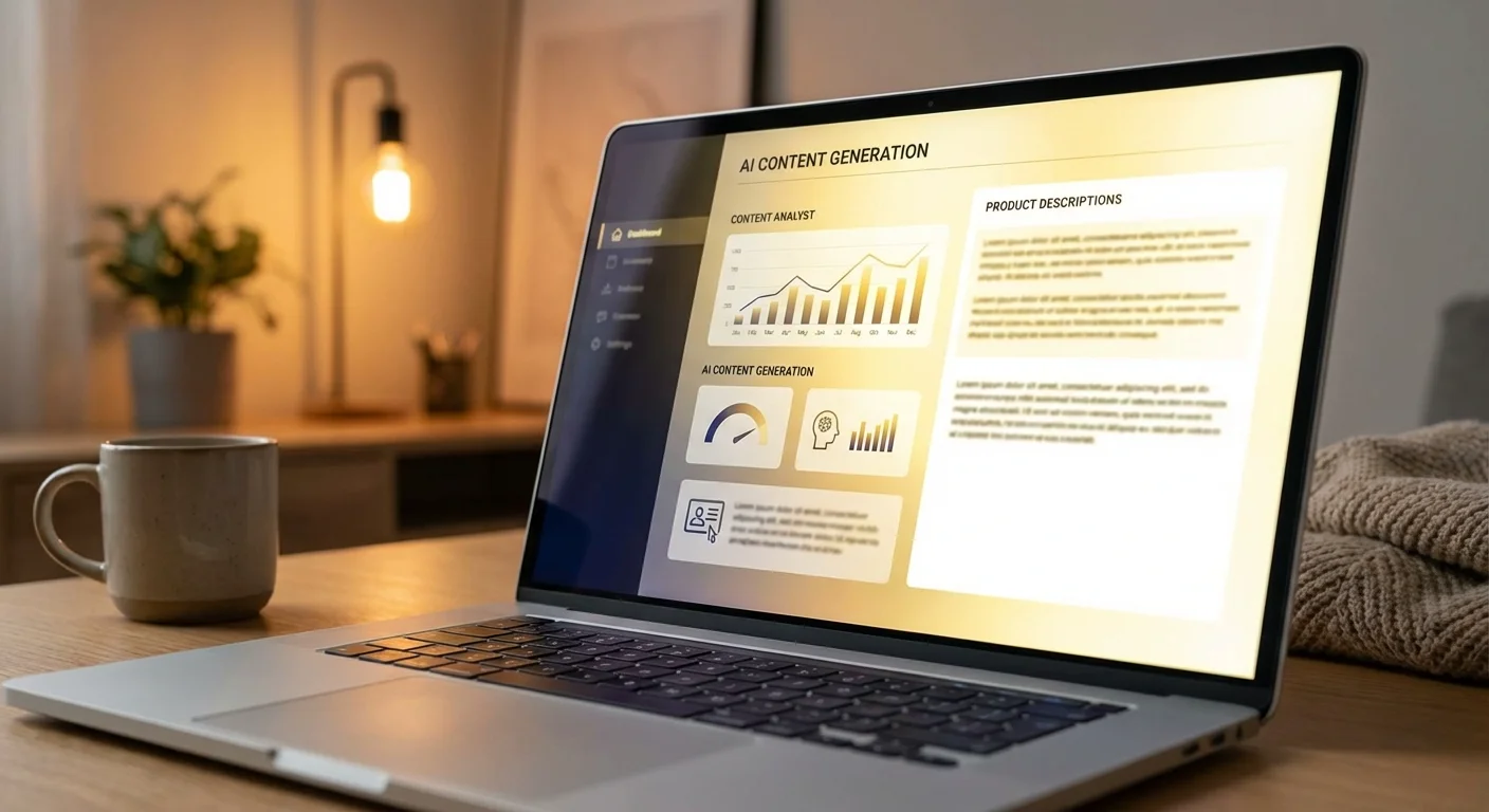 AI text generation dashboard showing automated product descriptions on laptop screen
